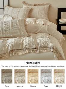 2/3 件卡其色簇绒纹理涤纶羽绒被套套装带流苏，波西米亚风格破旧别致床上用品套装，适合所有季节使用（1 个羽绒被套 + 1/2 个枕套），柔软透气，无填充物 - 卡其色 - 查看 6