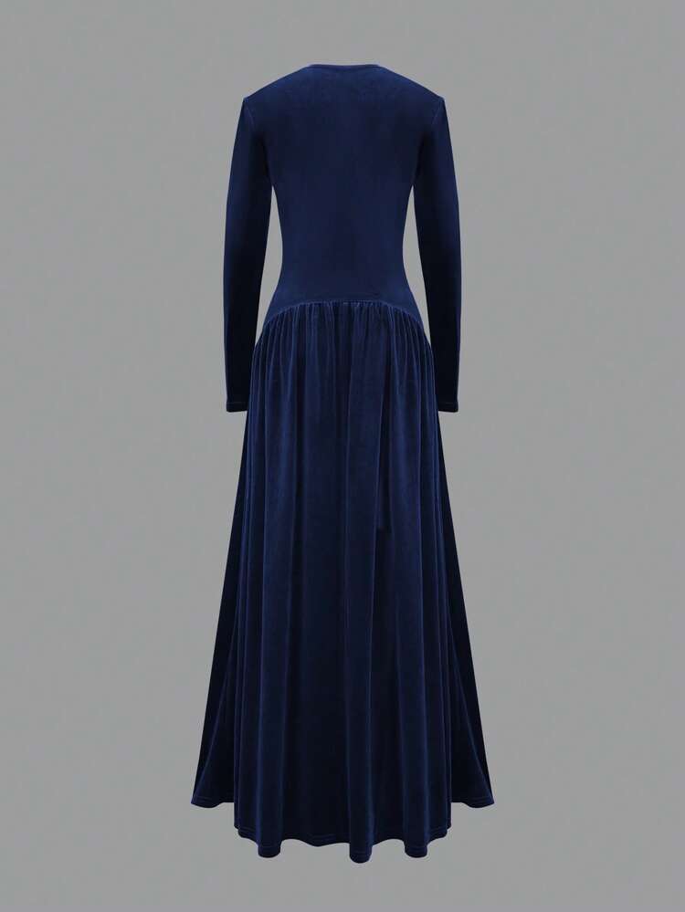 فستان أنيق للنساء بياقة على شكل حرف V وأكمام طويلة للخريف/الشتاء من القطيفة، بلون أحادي، قماش مُحبك أنيق مع حافة مكسرة، ثوب سهرة رسمي - الأزرق - مشاهدة 2