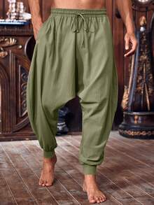 Runcati Men's Pirate Costume Trousers Medieval Viking Style Renaissance Inspired Baggy Harem Linen Pants For Halloween - 軍綠色 - 查看 1