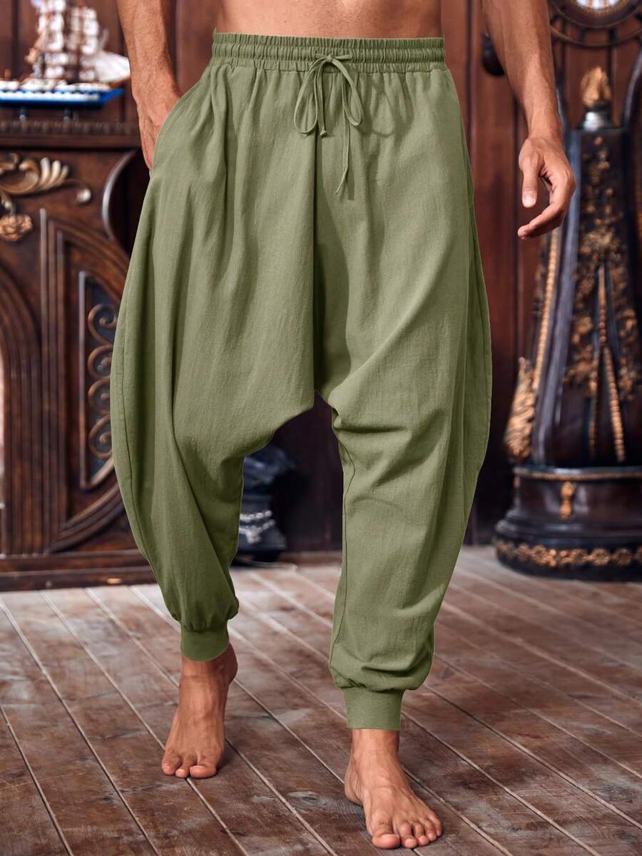 Runcati Men's Pirate Costume Trousers Medieval Viking Style Renaissance Inspired Baggy Harem Linen Pants For Halloween - 軍綠色 - 查看 1