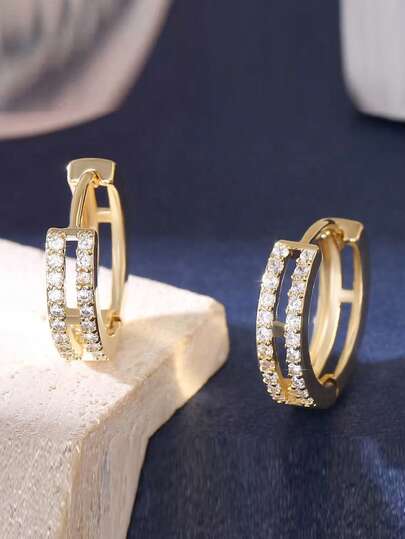 1 Pair Luxury Copper Zirconia Geometric Round Hoop Earrings, Double-Layer Circle Earrings, Gift For Girlfriend, Date Night