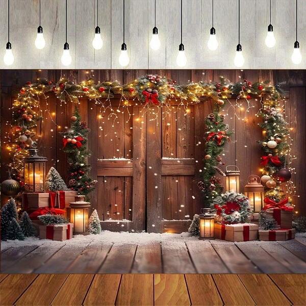 1 Stück rustikale Scheunentür mit Weihnachtsbaum & Geschenken Fotokulisse für Feierlichkeiten, strapazierfähige Winterdekoration geeignet für Outdoor-Veranstaltungen und Heimfeiern, Weihnachtsthemen Hintergrund Stoff, wetterfest, knitterfrei, Veranstaltungsplaner, Weihnachtsdekoration Hintergrund Polyester Weihnachtskulisse Banner, ohne Strombedarf
