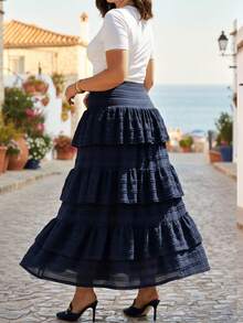 Falda acampanada con volantes de talla grande para mujer en azul profundo, cintura alta con dobladillo en capas y pretina forrada para otoño e invierno, falda midi elegante para el Día de San Valentín y Pascua, de la oficina al té de la tarde