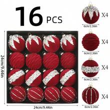 16Pcs Christmas Ball Ornaments Set Flocking Balls Tree Hanging Decor For Home Holiday Party - 紅色 - 查看 6