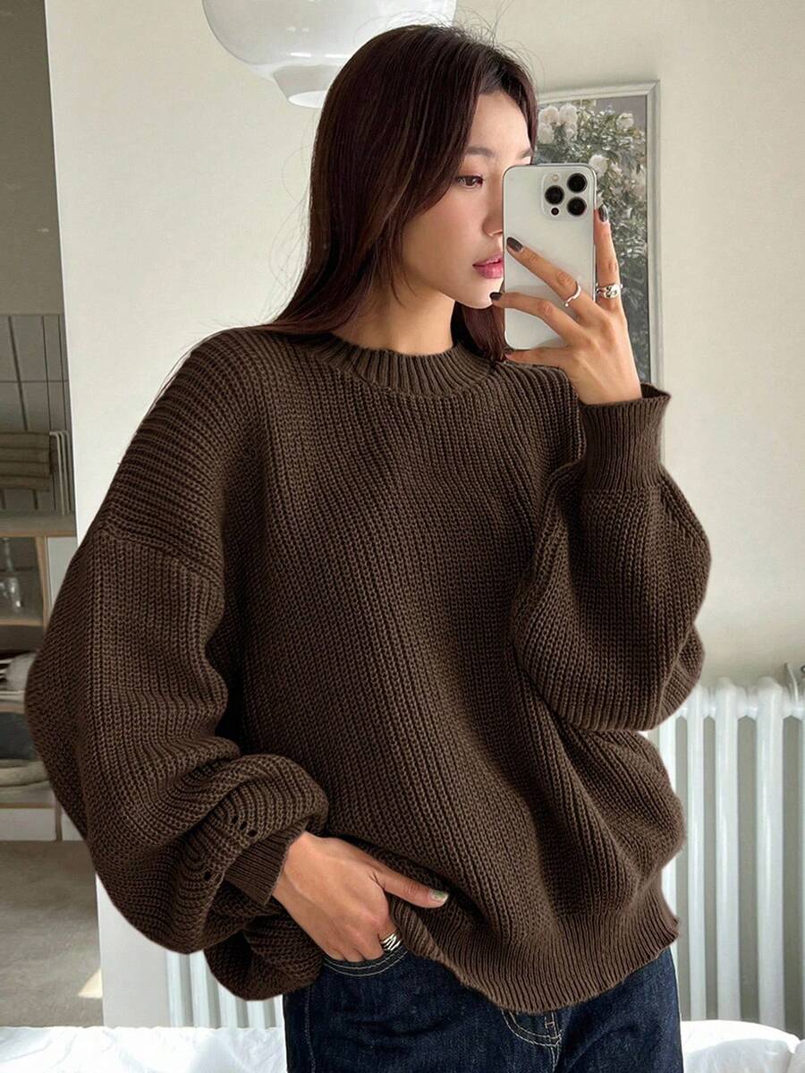 1pc Girls/Teens Casual Loose Comfortable Outdoor Thick Knit Long Sleeve Sweater, Autumn/Winter - Cà phê nâu - Xem 1