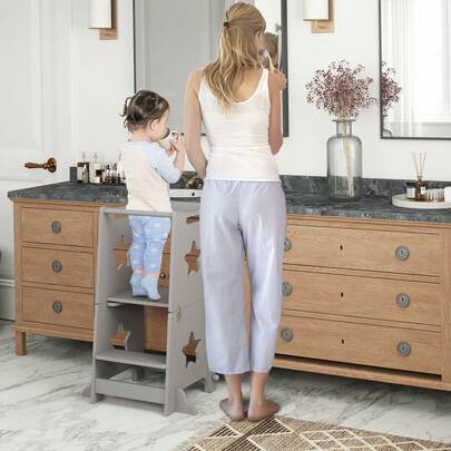  AIYAPLAY Torre Montessoriana Bambini Convertibile in Set Tavolo e Sedie con Barra, Sgabello per Bambini 3-6 Anni in Legno, Torre di Apprendimento per Bagno, Cucina e Toilette