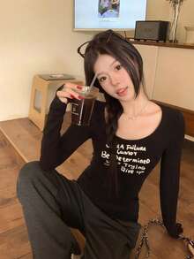 女士休闲修身长袖T恤，舒适时尚，春夏黑色 - 黑色 - 查看 3