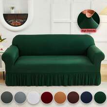 1PC Elastic Skirt Sofa Cover Universal Four Seasons Anti-Dirty And Non-Slip Solid Color Sofa Cover Suitable For 1/2/3/4 Seat Home/Living Room Decoration All-Inclusive Sofa Protective Cover Valentine's Day Gifts Valentine's Day Decorations - 墨綠色 - 查看 1