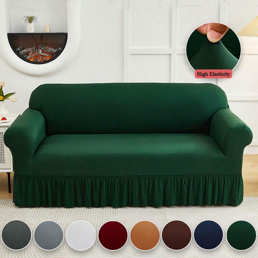 1PC Elastic Skirt Sofa Cover Universal Four Seasons Anti-Dirty And Non-Slip Solid Color Sofa Cover Suitable For 1/2/3/4 Seat Home/Living Room Decoration All-Inclusive Sofa Protective Cover Valentine's Day Gifts Valentine's Day Decorations - 墨綠色 - 查看 1