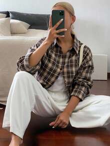 Livesso Camisa de mujer de manga larga con cuello vuelto y estampado de cuadros, color marrón café, para primavera/verano/otoño, franela para mujer, ropa de mujer para otoño