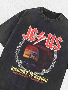 1 PCS Religious & Rock - Style "Jesus: Highway To Heaven" Graphic Tee: Featuring Distressed Vintage Finish, Bold "JESUS" Letter Print With Lightning Accent, Artistic Illustration Of Crosses At Sunset In Ornate Frame, "HIGHWAY TO HEAVEN" & Biblical Text "THE GIFT OF GOD IS ETERNAL LIFE", Crafted From Breathable 100% Cotton, Perfect For Infusing Spiritual, Nostalgic, And Edgy Vibes Into Outfits During Easter Celebrations, Church Events, Or Daily Wear. Men's Round Neck Printed Short Sleeve Casual Everyday T-Shirt, They Are Excellent Gifts For Friends And Family, 100% Cotton T-Shirts Feature, A Youthful And Fashionable Design, Graphic Tees Men, Graphic Tees Women, Cachorro Feliz, Back To School - 黑色 - 查看 3