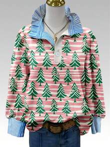 Christmas Tree Striped Print Shirt For Women – Festive Pink And Green Long Sleeve Blouse With Contrast Striped Collar And Cuffs – Stylish Holiday Outfit For Casual Or Office Wear – Unique Design Adds Cheerful Vibe To Your Wardrobe - 白 - 查看 2