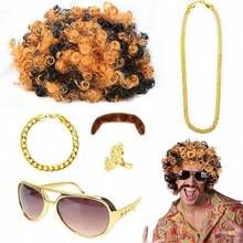 Hombres Perruca Hippie Fasching Disfraz de Carnaval 6 en 1 Disco Set con Afro Perruca Barbada Corbata Gafas Collar Dorado Pulsera y Anillo para 60er 70er 80er Cosplay, Mottoparty, Halloween - Multicolor - Ver 1