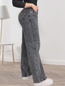 Women's Wide Leg Jeans Denim Butt Lift High Waist Thick Premium Fabric Light Or Graphite Wash Marbled Wide Leg - 石墨灰 - 查看 4
