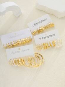 48/12pcs Fashionable Bohemian Style Women Metal Earring Set, Faux Pearl Earrings, Geometric C-Shape Stud Earrings, Suitable For Daily Life, Party Wear, Holiday Gift Jewelry Set - Yellow Gold - View 5