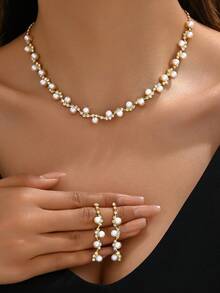 Factory Direct Cross-Border Jewelry, New Hot-Selling Wedding Accessories Pearl Necklace Earrings 3 Pieces Set