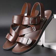 Men's Minimalist Buckle Open-Toe Slippers, Non-Slip Flat Sole & Multiple Straps, Comfortable And Breathable, Versatile Mens Sandals For Daily Wear & Outdoor Activities. - màu nâu - Xem 2