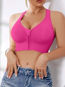 女士高强度前拉链无缝无钢圈运动文胸，适合春、夏、秋、冬四季穿着。