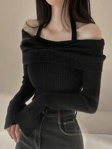 Off Shoulder Long Sleeve Niche Design Slim Fit Cropped Halter Neck Sweater - Black - View 3