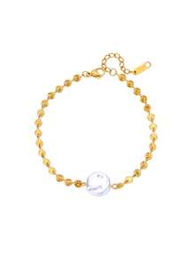 1 PC Fashion Faux Pearl Round Pendant Bracelet For Women Stainless Steel Gold Color Chain Bracelet 2025 New Party Wedding Couple Jewelry Gift