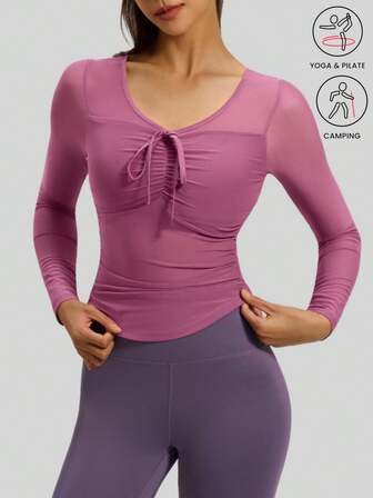 1 件女式网眼荷叶边长袖瑜伽上衣，修身剪裁，内置胸垫，运动健身外套