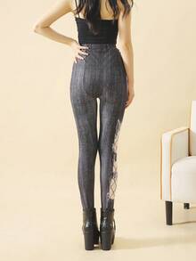 1 Pair Minimalist Printed Tights, Denim-Look Hollow Out Printed Leggings