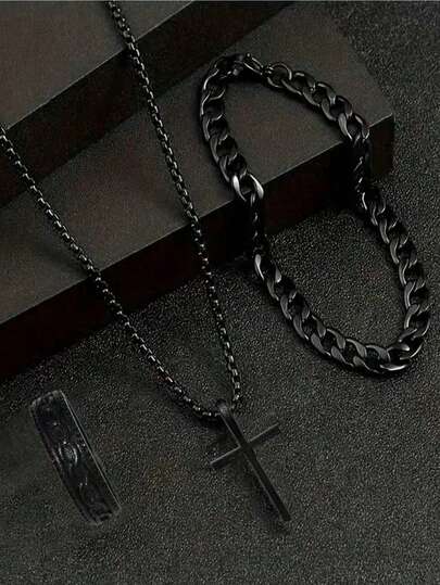 Set de 3 piezas de collar, pulsera y anillo de acero inoxidable para hombre, estilo punk con cadena cubana