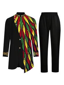 Men's Casual Long-Sleeved Two-Piece Suit, Mid-Length Top And Trousers - màu đen - Xem 2