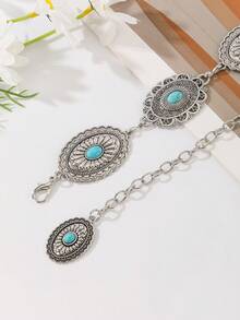 Bohemian Vintage Alloy Oval Turquoise Waist Chain, Waist Belt For Dress, Coat, Suitable For Wedding, Spring/Summer/Autumn/Winter
