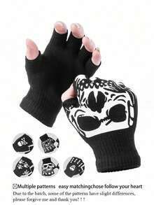 1pair Unisex Fingerless Gloves With Palm & Skeleton Print Design, Suitable For Halloween Costume And Daily Wear, Keep Warm In Winter Snow Gloves