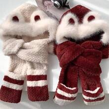 Conjunto de 4 en 1 de guantes, bufanda, gorro y máscara de oso para invierno, esencial para salidas en clima frío, bufanda con capucha con orejas de oso adorable para mujeres