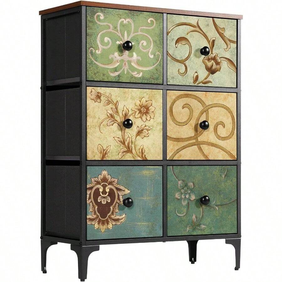 Cmoda con 6 cajones de Tela, Cmoda para Dormitorio, Mueble de Almacenamiento, Muebles de Dormitorio, cajonera para Cocina, Oficina, Pasillo, Mueble para TV con cajones, Estilo rstico