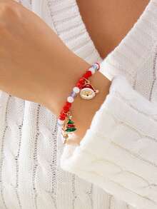 2 piezas/paquete Brazalete con colgantes de Papá Noel, árbol de Navidad, caramelo, muñeco de nieve y bastón de caramelo con letras navideñas - Elementos navideños de moda y versátiles para fiestas, eventos y regalos (color aleatorio - sin tarjeta)