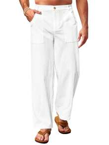 Runcati Men's Casual Loose Fit Cotton Linen Trousers Lightweight Elastic Waist Baggy Wide Leg Ideal For Summer Beach & Yoga - 白色 - 查看 4