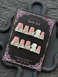10pcs Y2K1style Manicure Set With Handmade Medium-Long Coffin-Shaped Nails, Decorated With Colorful Rhinestones, Butterflies, Snake Designs, And Other Fancy Embellishments. These Nails Are Perfect As A Gift For Women For Parties Or Everyday Outfits. Handmade Press On Nails - Silver - View 1