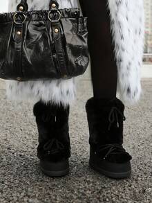 Faux Fur Snow Boots For Women Fuzzy Fluffy Furry Lace Up Mid Calf Boots Winter Warm Fur Boots For Christmas - màu đen - Xem 2