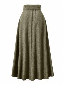 EARO 女士高腰修身灰色百搭优雅宽松日常通勤休闲设计松紧腰可调节腰带 A 字裙 - 綠色 - 查看 2