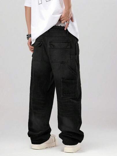 男士复古水洗牛仔休闲宽松多口袋阔腿裤，百搭时尚，适合作为送给男友/丈夫的礼物