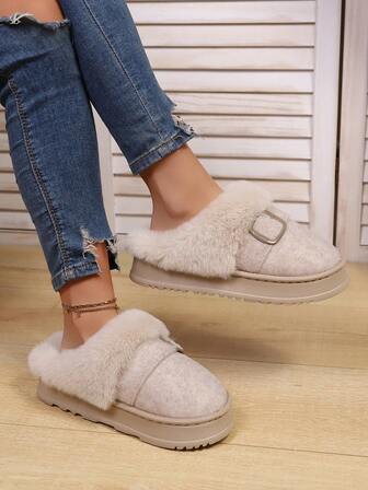 2025秋冬新款女士时尚户外厚底一脚蹬毛绒拖鞋，厚实保暖室内家居鞋