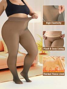 1-Piece Plus Size Women's High-Waist Fleece-Lined Fake Sheer Tight Leggings - Stretchy Non-Tight, Fits Body Curves, Butt-Lifting & Tummy-Control Base Layer, Ideal For Autumn/Winter Layering, Warm & High-Quality - 咖啡 - 查看 2