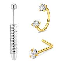 Nose Ring Studs 18G Nose Rings Hoops Stainless Steel Nose Rings Round Heart Star White CZ L Shaped Nose Stud With A Grabber Tool For Women Men Nose Piercing Jewelry Set