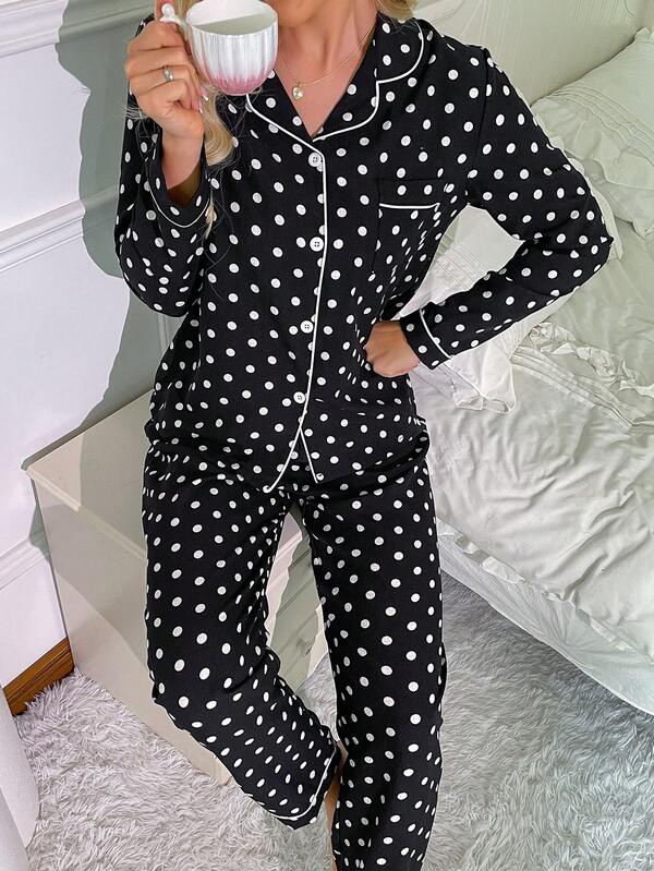 Conjunto de pijama de manga larga con estampado de lunares y arruga de mujer, ropa de otoño