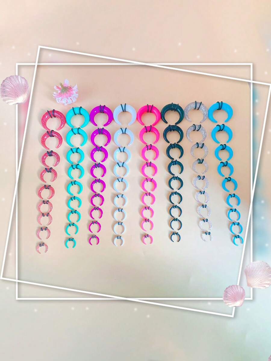 9pcs Boho Vintage Acrylic U-Shaped Horn Ear Plugs And Nose Rings Set - Colorful Geometric Design For Parties And Daily Wear, Cute Jewelr