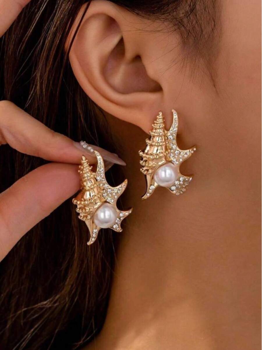 1 Pair Shell Earrings Summer Beach Style Sea Snail Conch Earring Vocation Style Faux Pearl Boho Jewelry For Women