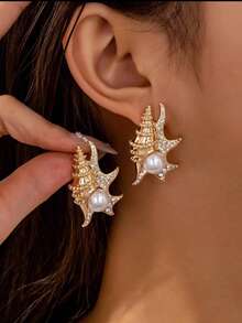 1 Pair Shell Earrings Summer Beach Style Sea Snail Conch Earring Vocation Style Faux Pearl Boho Jewelry For Women