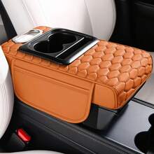 [Car Armrest Pad]Multifunctional Car Armrest Pad | Fashionable Embroidered Pattern Center Console Heightening Pad, With Cup Holder, Tissue Box And PU Leather Side Storage Pocket - Multicolor - View 5