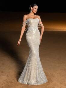 Elisanya Elegant Off-Shoulder Mermaid Evening Gown With Layered Pearl Chains & Shimmering Sequins - Champagne - View 8