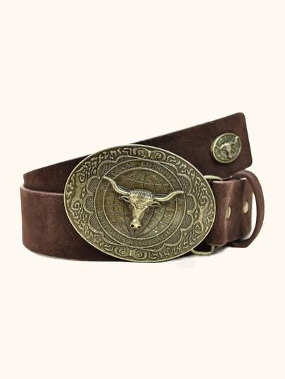 1pc Men's Vintage Bohemian Style Distressed Brown Suede Belt, Antique Bronze Bull Head Carved Buckle, Versatile For S, Casual Pants, Suitable For Holidays, Parties, Daily Wear, Autumn/Winter, Street Style Accessory Old Money Vintage Autumn/Fall Urban Outfit Classic Christmas Winter Fashion Daily Men Boyfriend Gift