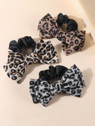 1/3 Pcs Girls Fashion Leopard Printed Bow Scrunchies, Big Cheetah Bow Hair Ties, Black Elastic Hair Ropes Ponytail Holders Hair Accessory For Daily Use