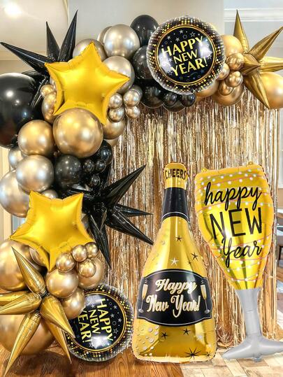 6 件套 2026 新年气球套装，包含“新年快乐”瓶、“新年快乐”杯、圆形气球和金色星星铝箔气球，适用于新年派对装饰、2026 新年装饰、2026 除夕派对用品